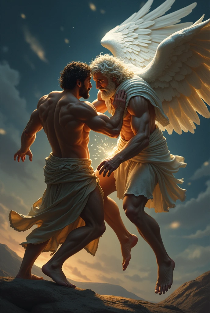 imageio: "Jacob fighting with the angel" Create a dramatic and intense scene of Jacob wrestling with an angel in a physical and spiritual battle. The image should capture the pivotal moment of the struggle during the night, with the dark sky and only the soft light of dawn beginning to appear in the background. detaileds: Action: Jacob and the angel are in a physical struggle, with tense muscles and the fighting stance suggesting a fierce clash. The angel must be touching Jacob's thigh, moving it, with a visible light at the point of contact, symbolizing transformation and pain.