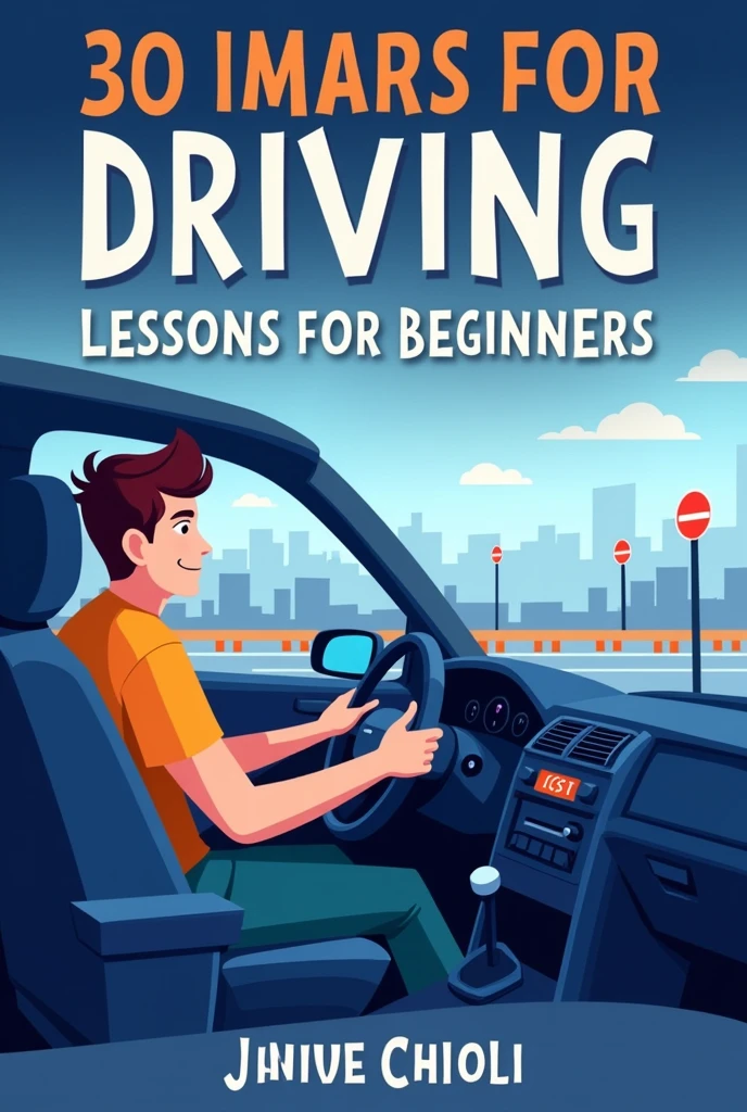 An image to use as the cover for a virtual ebook about driving lessons for beginners with white tones., DARK BLUE, light blues, ORANGES
GIVE ME AN EXAMPLE WITH INFO ABOUT HOW THE COVER WOULD LOOK