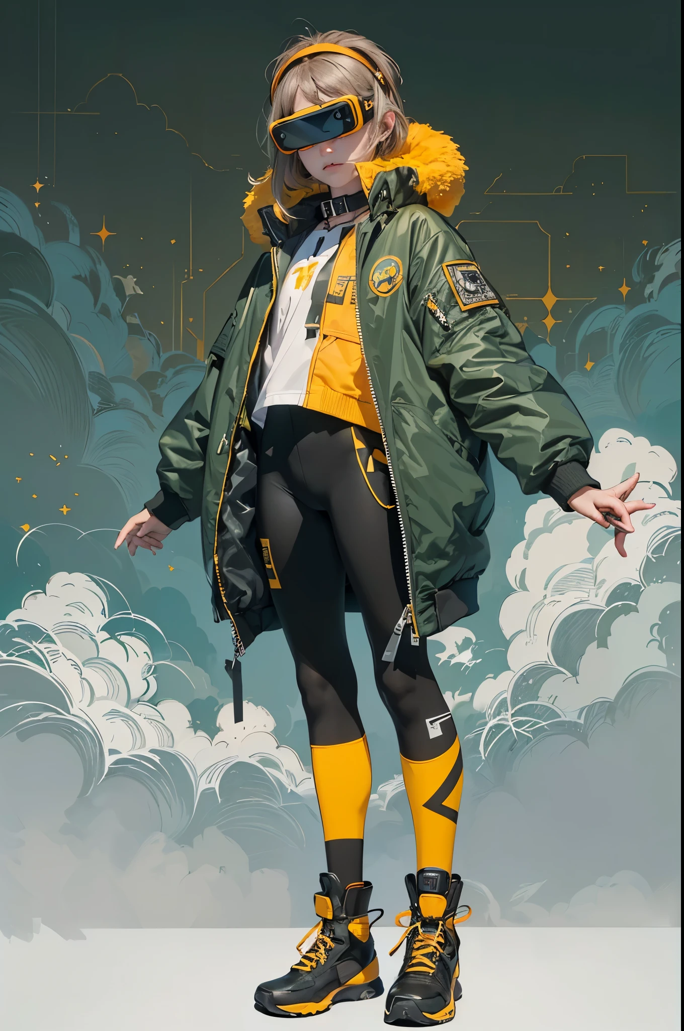 full body image, (ultra detailed,ultra high resolution,detailed background),((2d)),((flat color)),((dull color)), 1solo leaving the fog:1.5, looking at the viewer, baggy flight suit, oversized bomber jacket with sheepskin collar, (yellow, violet, cian, green, orange:1.3), plush collar, full body image, use VR glasses, ((Baron&#39;s Desert Intricut Fund)), ((apocalyptic city)), full body in frame, ((drone next to her))