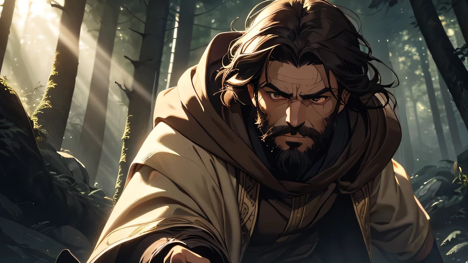 Scared man with dark brown beard, long dark brown hair, light yellowish brown eyes and dark brown and light brown robe from the 4th century BC, with a light brown cloak, about 50 years old, running in a dark and mysterious forest at night, running in the forest, moody lighting, hyper-realistic cinematic lighting,
