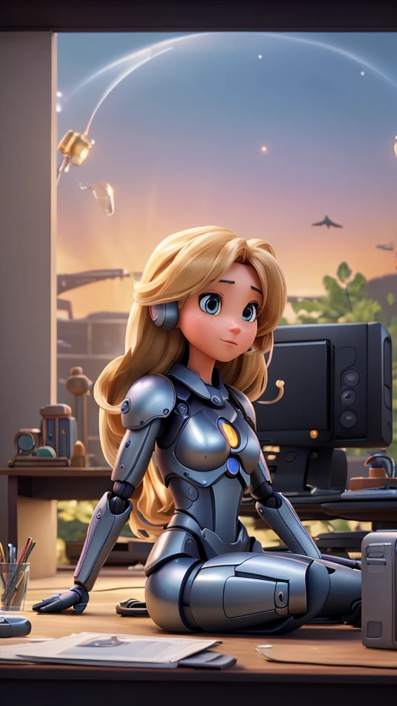 Super beautiful beautiful female face, Mechanical body: 1.5, online world background: 1.5, 19 years, 150 mm, long hair, beautiful studio, soft light, Vivid details, beautiful background, Octane rendering, 8 K, Best quality, masterpiece, illustrations, Very determined and beautiful, extremely detailed, computer graphics, Unity , wallpaper, (realistic, photo-realistic: 1.37), amazing, finely detail, skill, Best quality, official art, extremely detailed computer graphics Unity 8 K wallpaper, robot, whole body, whole body shooting, sitting