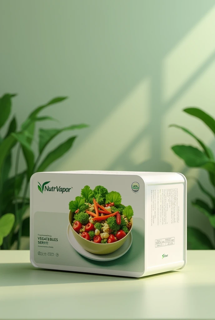 Create an image of a sustainable packaging in the shape of a rectangular container without a lid, to package steamed vegetables and put the NutriVapor brand, with the image of the cooked vegetable