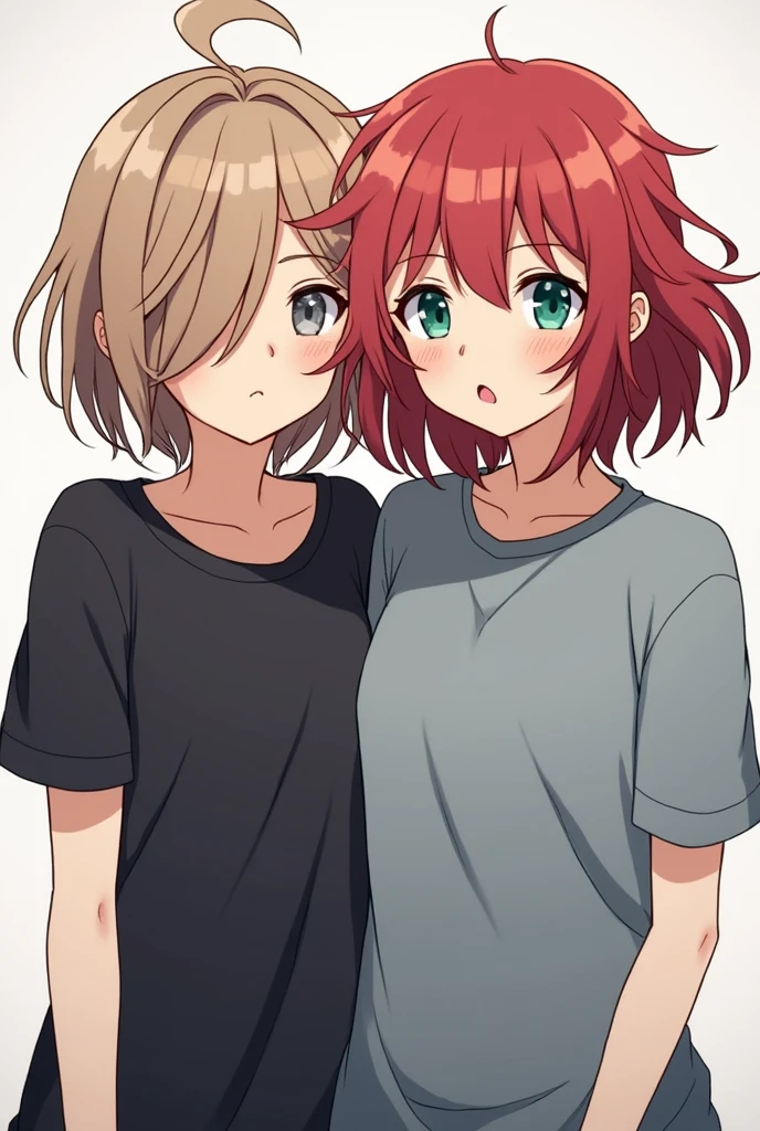 2 girl, friends next to each other in the style of art danganronpa. The first girl with slightly light brown hair, a little messy and not straggly, medium length, the main length lies on the shoulders and a slanting fringe covering the left eye, gray-blue eyes and a black T-shirt, a little shorter. The second girl is reddish-red, about the same hairstyle as the first girl only more neat, quite lush hair and bangs in different directions across the forehead, dark green eyes, gray-blue T-shirt, slightly taller.