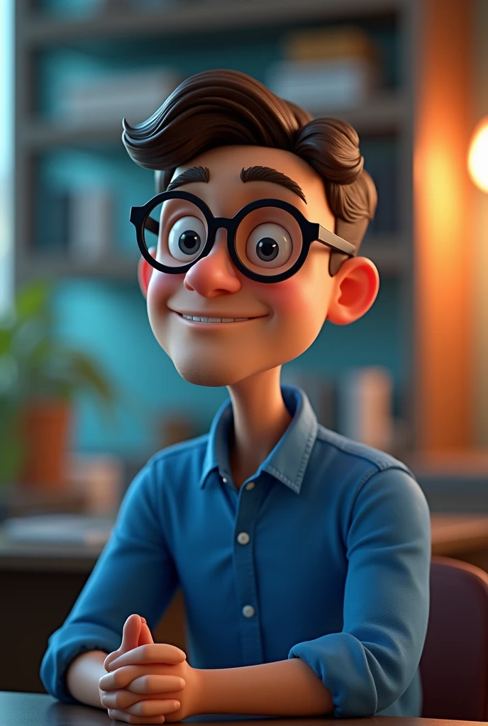 Cartoon character of a man in black glasses and blue shirt, an animated character, stylized character, animation style rendering, 3d stylized, Arnold Maya rendering, Stylized 3D rendering, toon render screenshot, 3d character, 3d character, Stylized 3D rendering, 3D character rendering, cartoon character, Personagem de close up, character posing, (Pixar-style) (master part:1.2) (bokeh) (best qualityer) (skin detailed) (detailed texture) (8k) (Argilla) (cinematic lighting) (sharp focus，Sit down and lift your upper body