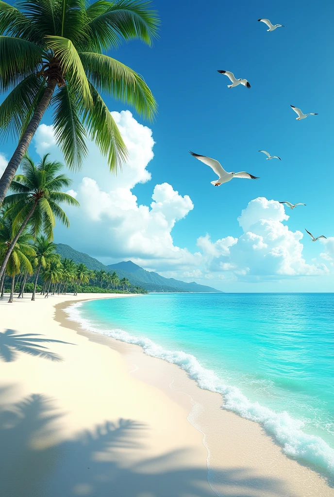 Beach with clear waters, coconut trees and birds 