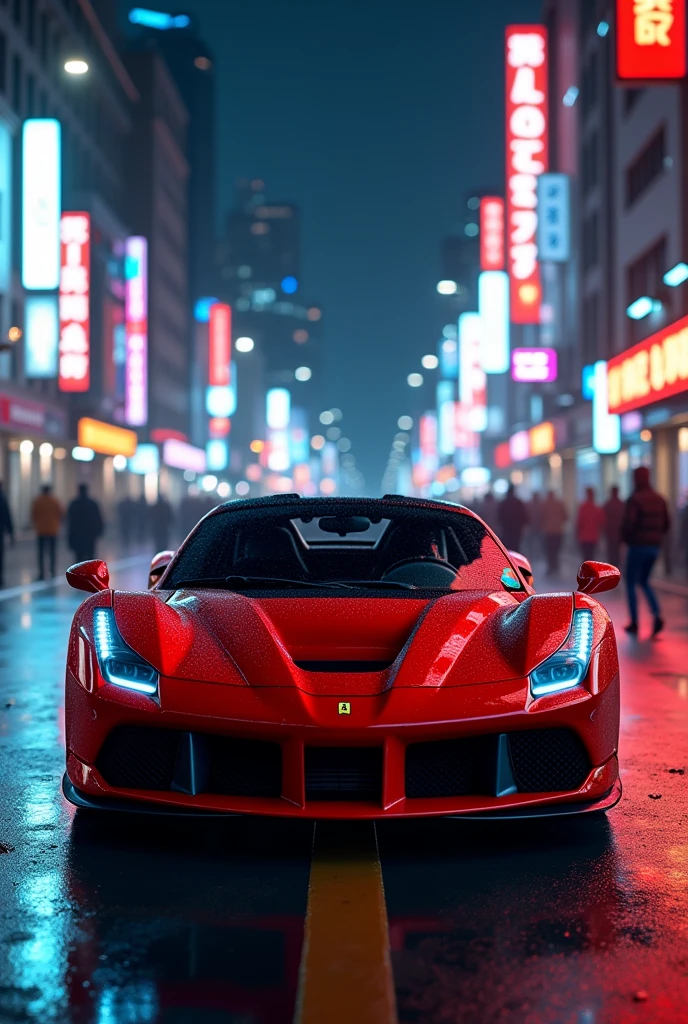 A FERRARI,at a street,a realistic 8k night image.