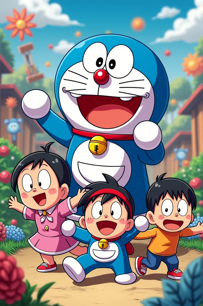 Create a vibrant and humorous image featuring all the popular characters from the Doraemon series. Make sure the scene is dynamic and fun, with Doraemon, Nobita, Shizuka, Gian, and Suneo in playful poses. Incorporate bright colors, cool accessories, and a lively background to make the image both attractive and engaging."