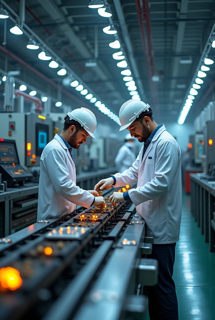 Technicians installing components on a process line, with specialized tools.