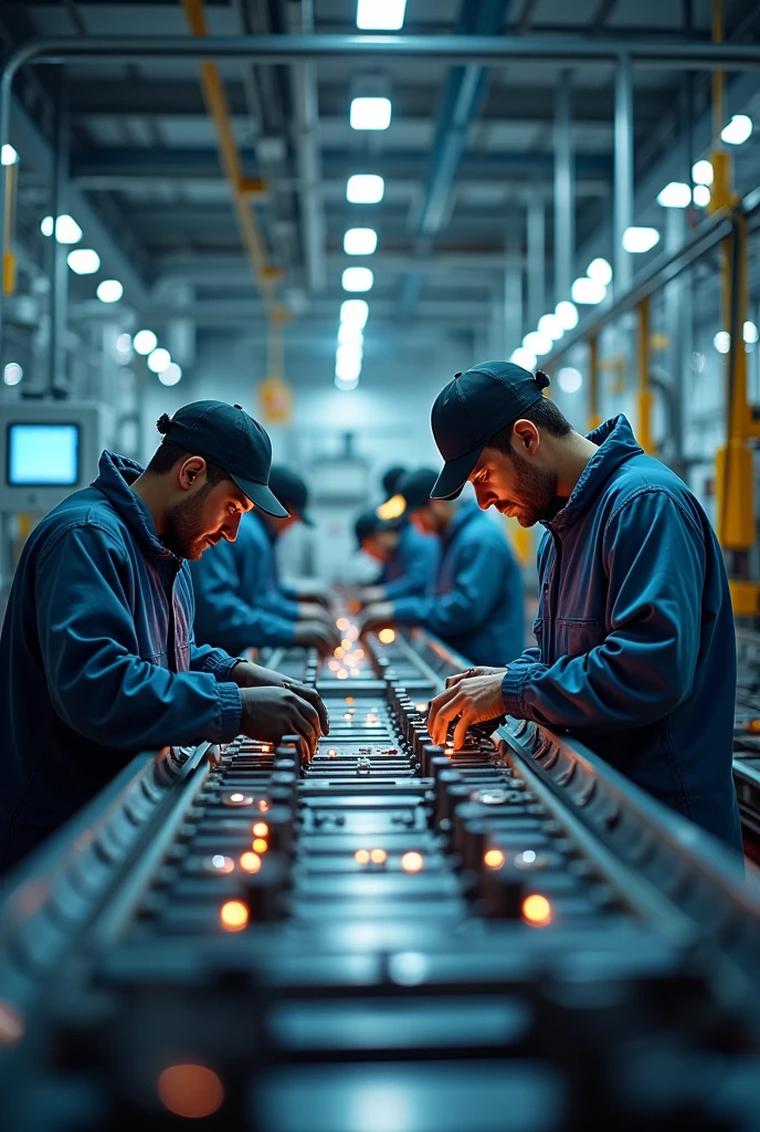 Technicians installing components on a process line, with specialized tools.