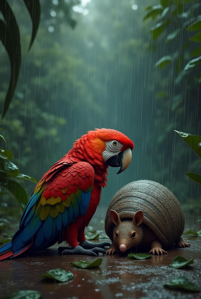 Sad Scarlet Macaw and Armadillo Under the Rain 