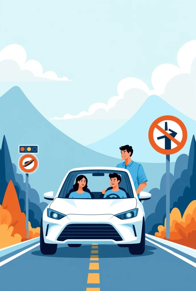 An image to use as the cover for a virtual ebook about driving lessons for beginners with white tones., DARK BLUE, light blues, ORANGES
GIVE ME AN EXAMPLE WITH INFO ON HOW THE COVER WOULD LOOK
give me the same image without the text
