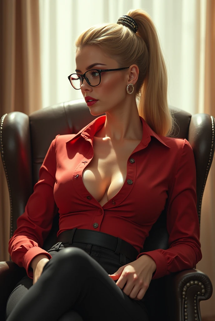 attractive blonde frau, hair combed straight and tied into a ponytail with a hair clip, rich, expensive clothes, wears a blouse, die Bluse spannt sich über die Huge, sexly, sexually aroused, want to fuck, Huge , secretary, huge, plumped up, round red lips, evil, glasses, wears a skin-tight blouse, Wearing a suit, Office, sitting on a chair, legs overgrown, bright room, smiles thoughtfully, leans back in chair, Highlight on the blouse, bigger breasts, Huge, Huge, Huge, bigger breasts , elaborate hairstyle