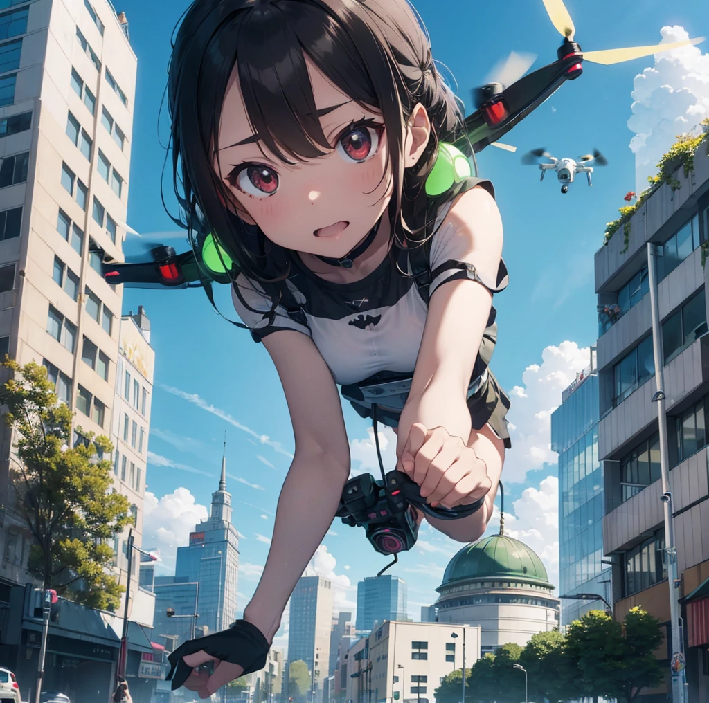 A propellerd drone cartoon with human face hands and feet on top of a building in the middle of city trying to committe sucide. Beneath him a glowing green dome with lots of other drones on it.