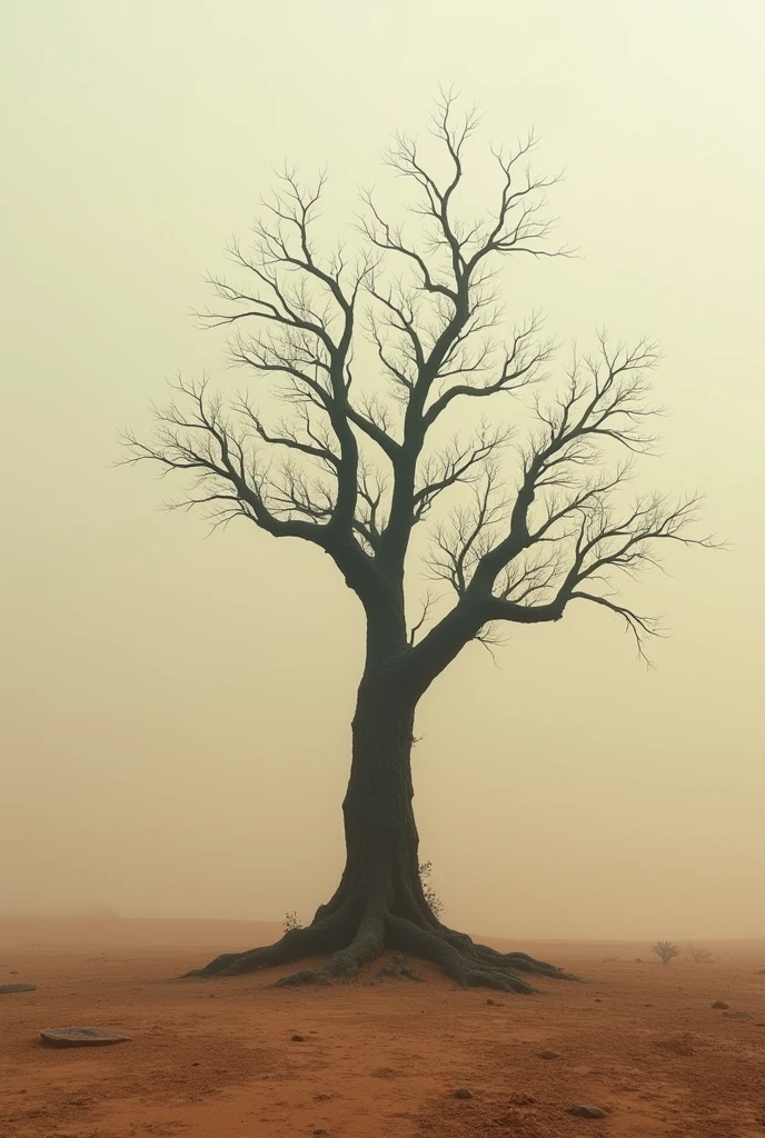 tree into ashes | desertic place | wind blowing | earth tones | symmetrical | minimalistic --ar 16:9 --style raw