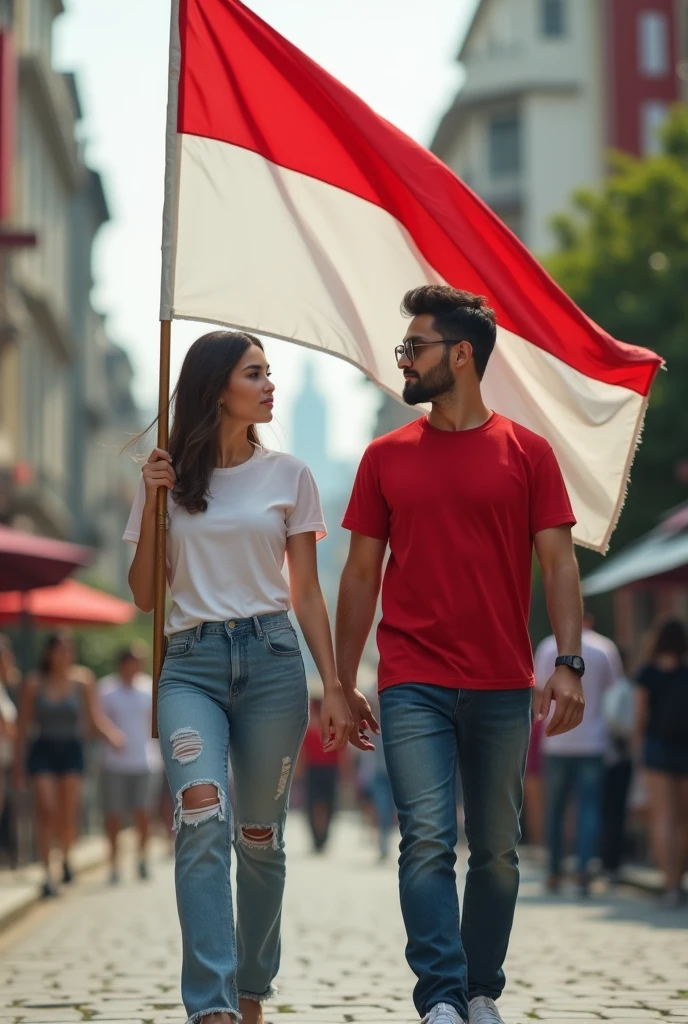 very high quality photo, a scene of independence, a woman from Indonesia is with a man wearing glasses wearing a red and white t-shirt carrying a flag walking along a city street, full body, realistic, cool visual effects, looks real and perfect, UHD 64K, very sweet