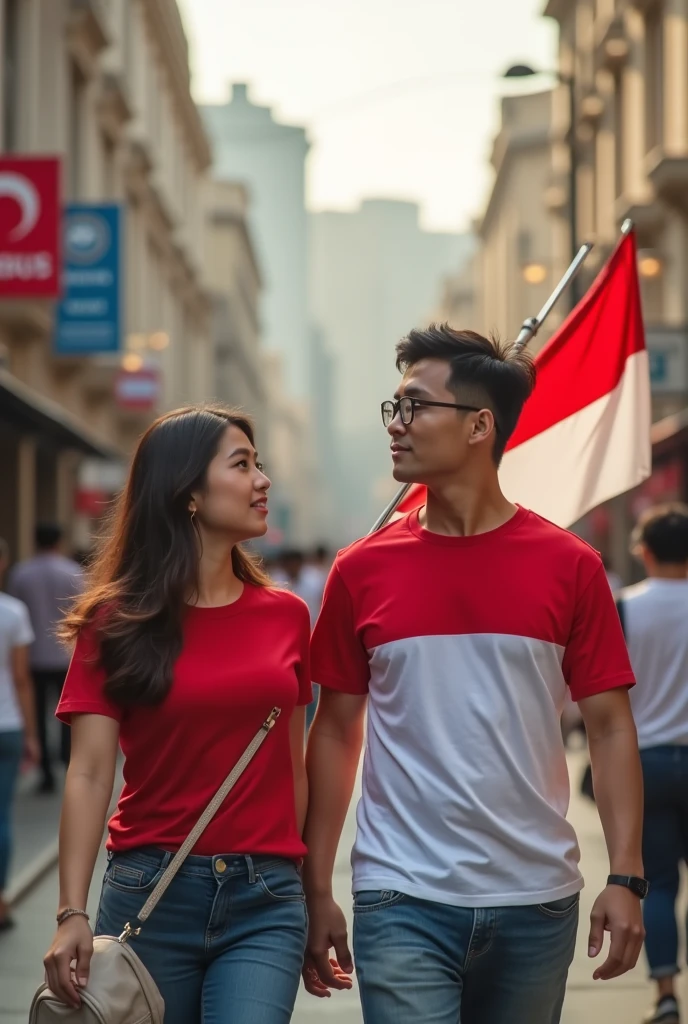 very high quality photo, a scene of independence, a woman from Indonesia is with a man wearing glasses wearing a red and white t-shirt carrying a flag walking along a city street, full body, realistic, cool visual effects, looks real and perfect, UHD 64K, very sweet