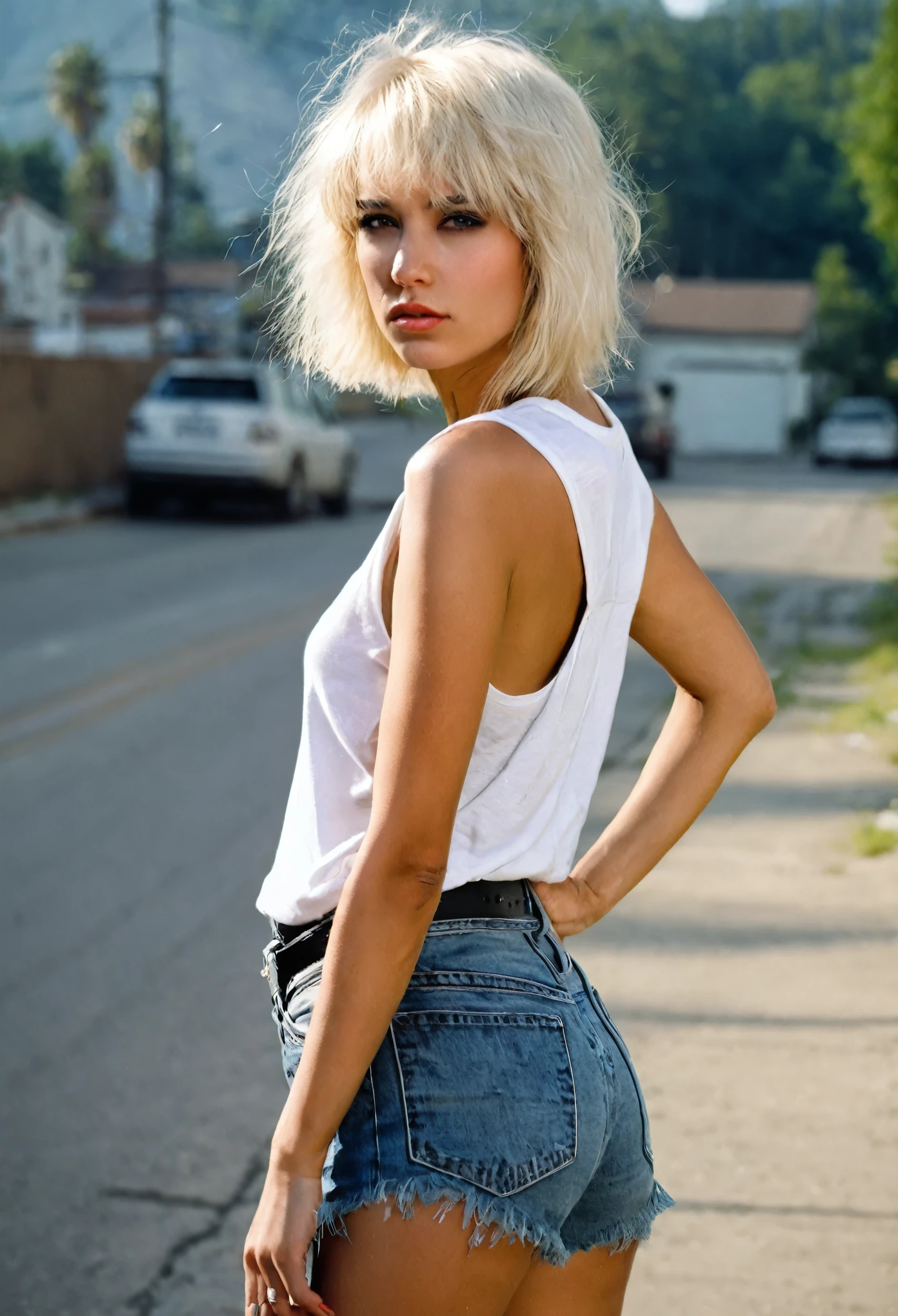 Beautiful fit woman, slim, very loose oversized sleeveless t-shirt, short straight platinum blonde hair, short bob with bangs, combat boots, tattered tight cut off jean shorts with fringe on the bottom, the bottom of perfect butt cheeks crest out the bottom,
Random fashion poses,
Urban decay landscape , haze, ultra-detailed, film photography, light leaks, Larry Bud Melman, trending on artstation, sharp focus, studio photo, intricate details, highly detailed, by greg rutkowski