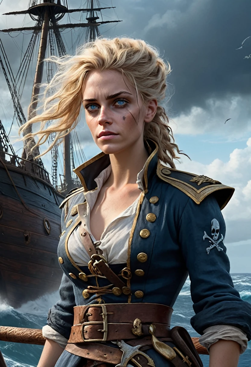 (Realistic:1.2), Grimy 24-year-old blonde pirate woman with weathered skin, sea-sprayed hair, and a salty gaze leaning against mast of. her storm-battered ship, a dagger by in her hand limp at her side, exhausted after another sea battle. The rough grey sea stretching out before her like an endless battlefield, waves crashing against the vessel's hull as dark, foreboding clouds gather on the horizon, an airship looming in the distance, its billowing sails tattered, the pirate's tunic a deep, rich blue with sea-worn whites and tawny leather accents, contrasting warm golden light on weathered wood and cold blue shadows, 8k hyper-real fantasy matte painting in the style of Simon Stalenhag, ZBrush textures and Unreal Engine 5, detailing reminiscent of Iain McCaig's concept art, loose brushstrokes echoing the rugged seascape my soulmate.