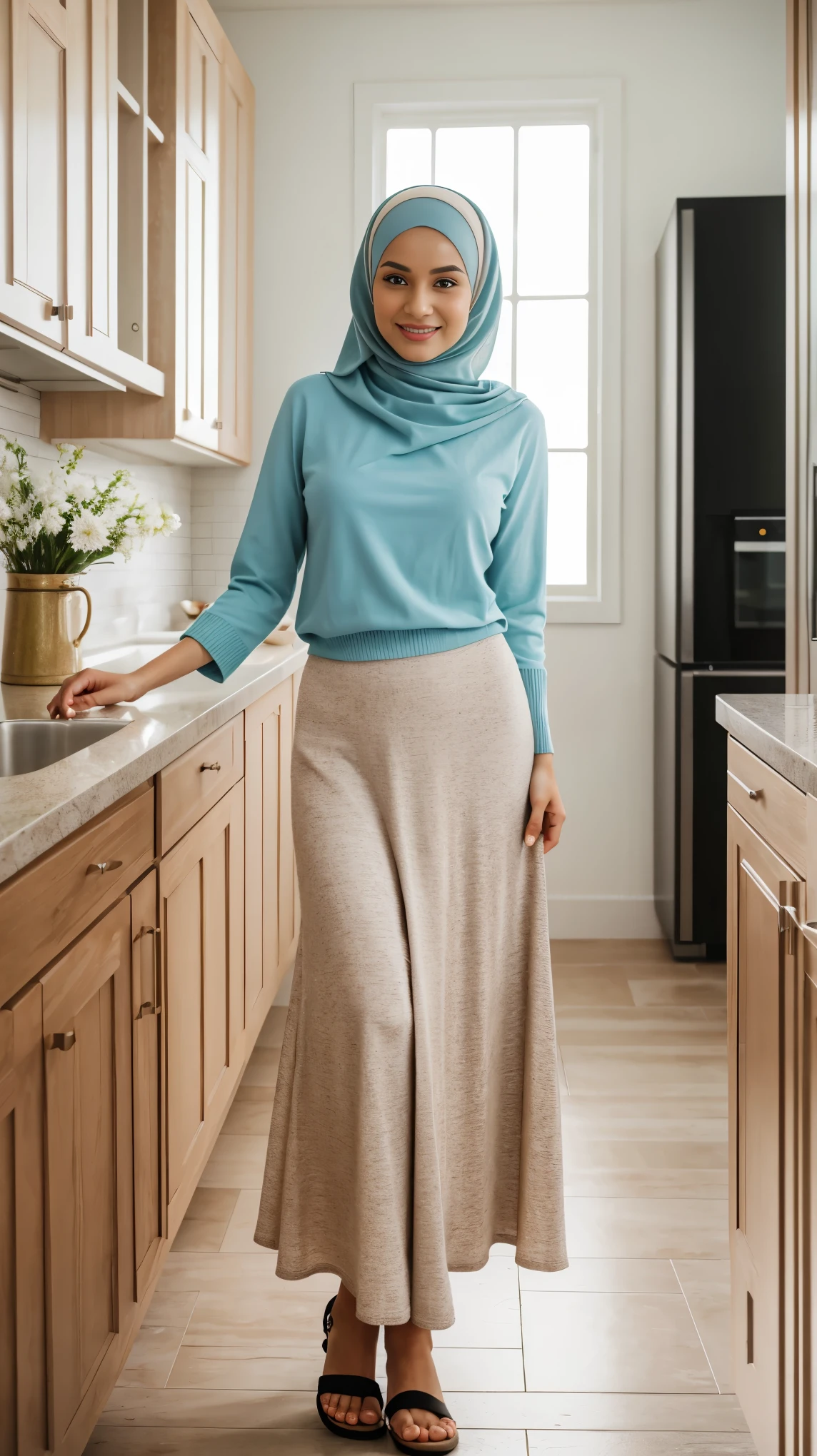A cute dutiful housewife in hijab,sweater,long skirt,sandals, standing in kitchen,photography,cozy atmosphere, morning scene,tranquil surroundings,serene expression,peaceful environment,pleasant weather,blissful ambiance,textured fabrics,exquisite detailing,feminine clothing style,pastel colored clothing,serene expression,lively,joyful atmosphere,sunny day,bright and cheerful,face to viewer,body facing to viewer,full body portrait,tall background