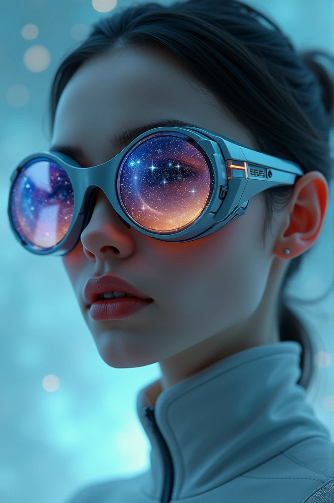 The model is wearing glass sunglasses with stars and the moon on the glass