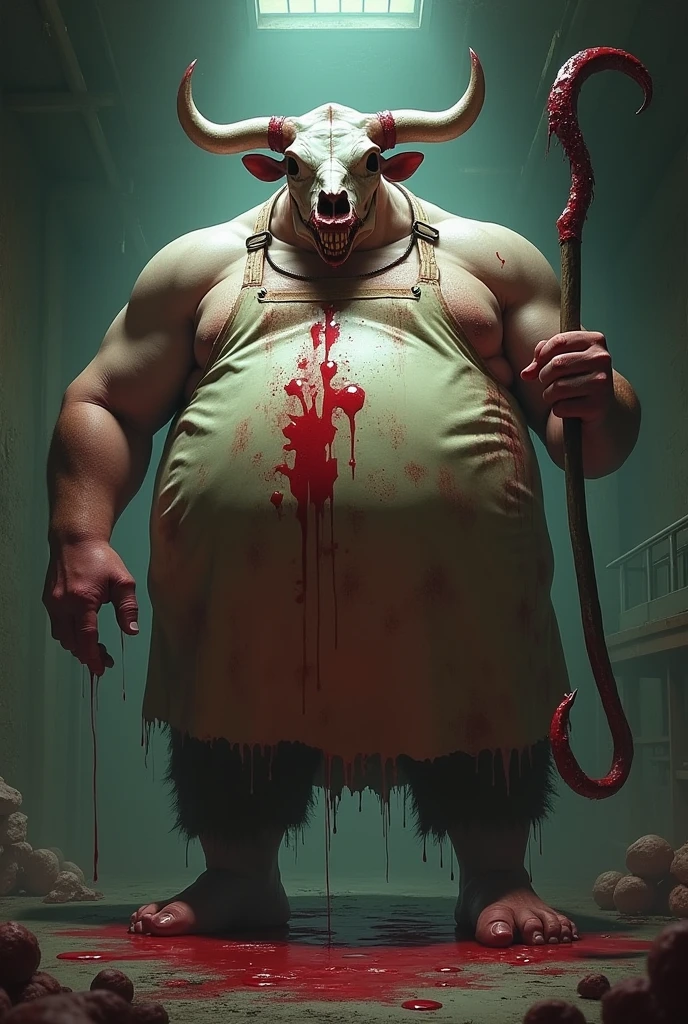 A morbitly obease man, he's a butcher, his apron is bloody, he wears a cowskull, he carries a big meadthook