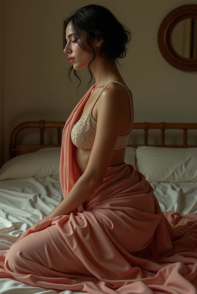 A man with a feminine low cut hair, dressed like a girl in saree and blouse in a slutty manner, in his bed, on knees