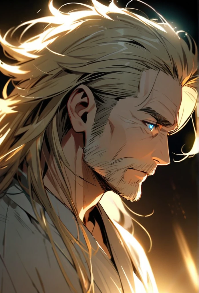 Handsome, solo, 1 man, blonde hair, light blue eyes, 1 man, handsome, male, detailed, Messy Hair, Glowing Light, long Hair, Hair Pulled Back, 40 years old, One Side Up, old man, have beared