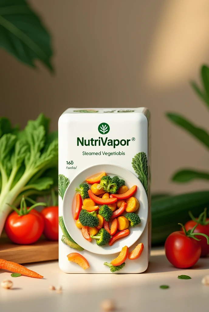 Create an image of a sustainable packaging in the form of a rectangular container with a lid, to package steamed vegetables and put the NutriVapor brand, with the image of the cooked vegetable