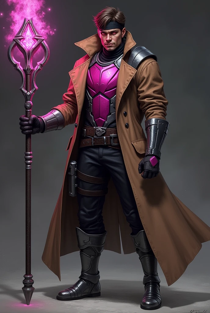 man, brown hair, magenta chestplate armor, black head sock, red eyes, black pants, fingerless gloves, brown trenchcoat, metal boots, wielding an energy staff