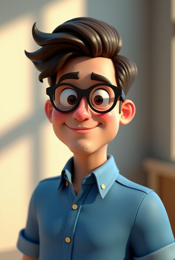 Cartoon character of a man wearing black glasses and a blue shirt, um personagem animado, Caractere estilizado, animation style rendering, 3D estilizado, Arnold Maya render, 3 d render stylized, toon render keyshot, Personagem 3D, Personagem 3D, 3d rendering stylized, 3 d character render, personagem de desenho animado, Personagem de close up, Pose de personagem, (Estilo Pixar) (master part:1.2) (Bokeh) (best quality) (pele detalhada) (textura detalhada) (8k) (argila) (Cinematic lighting) (foco nítido，Senta e vaza a parte superior do corpo