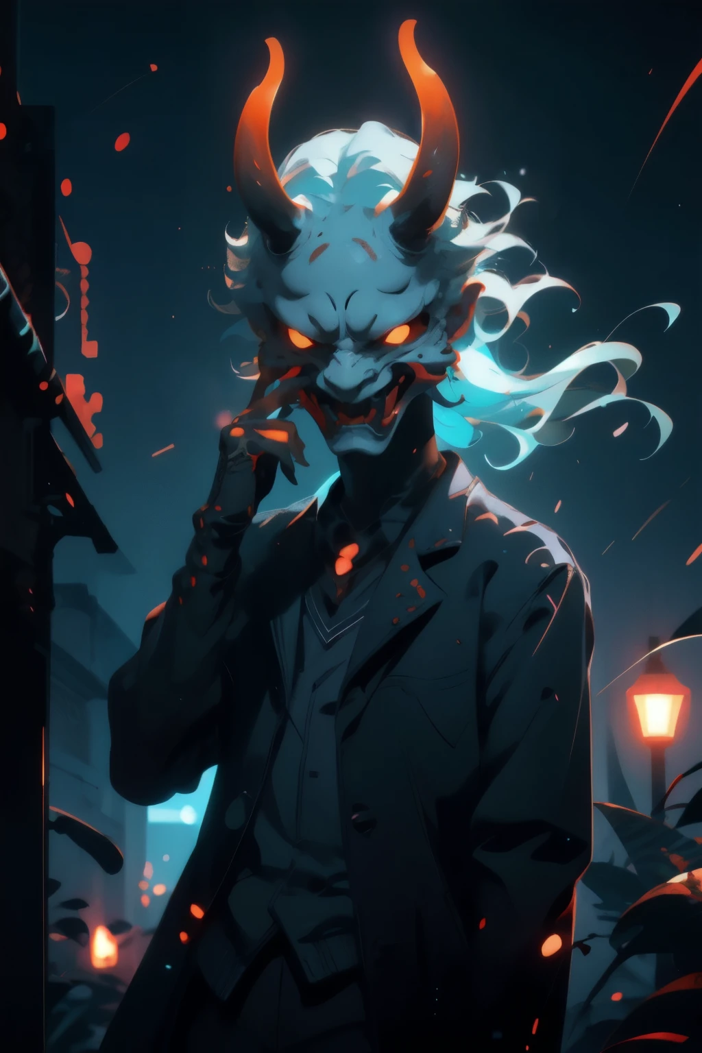 (best quality, ultra detailed), 1boy, solo, cowboy shot, looking viewer, school uniform, oni_mask, face, mask on hand, covering face, reflection, night walk, light particles, cinematic lighting, shallow depth of field,