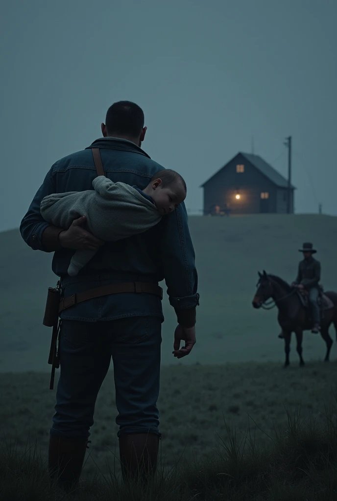 A man standing with his back to the darkness, loads a baby. In front of him, on a hill there is a cabin with a horse and a man with a hat looking at it