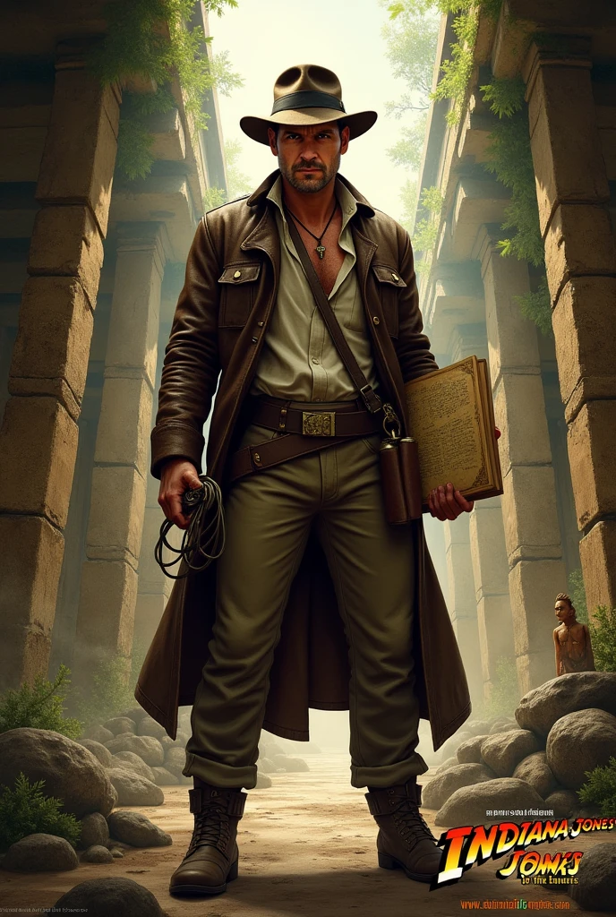 main character: indiana jones, Wearing his iconic brown leather jacket, Fedora hat and holding a whip in one hand.
Scenario: An ancient temple or archaeological ruins in the background, with an atmosphere of mystery and adventure. May include elements like broken columns, Dense vegetation and ancient stones.
Accessories: indiana jones pode estar segurando um pergaminho antigo ou um mapa em uma das mãos, with a determined and confident expression.
Additional Detail: Include some archaeological artifacts like an idol or relic in focus, Perhaps partially hidden in the shadows of the temple.
