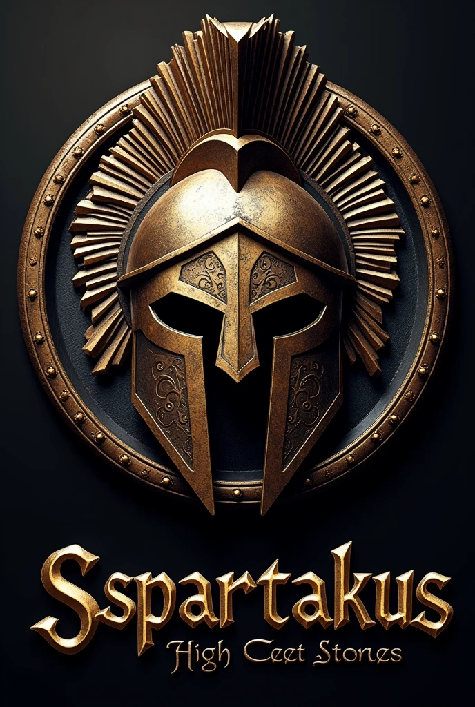 a detailed spartan helmet,circle logo, intricate metal textures, striking bronze color,highly detailed,photorealistic,sharp focus,cinematic lighting,dramatic shadows,epic fantasy style,masterpiece,The typography at the bottom of the logo is bold and intricately designed, matching the overall dark and fantastical theme. The title, "SSSPARTAKUS: High Class Store" is written in a vintage