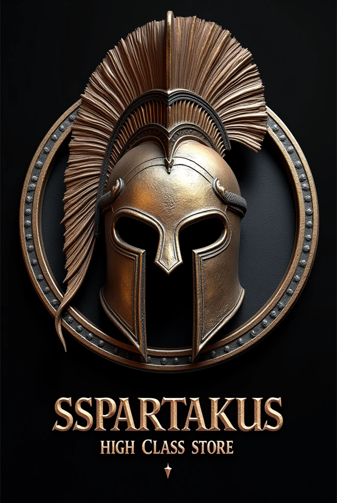 a detailed spartan helmet,circle logo, intricate metal textures, striking bronze color,highly detailed,photorealistic,sharp focus,cinematic lighting,dramatic shadows,epic fantasy style,masterpiece,The typography at the bottom of the logo is bold and intricately designed, matching the overall dark and fantastical theme. The title, "SSSPARTAKUS: High Class Store" is written in a vintage