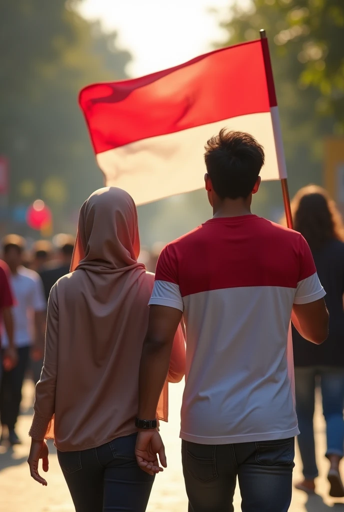 very high quality photo, a scene of independence, a woman wearing a hijab from Indonesia is with a man wearing glasses wearing a red and white t-shirt carrying a flag walking along a city street, full body, realistic, cool visual effects, looks real and perfect, UHD 64K, very sweet
