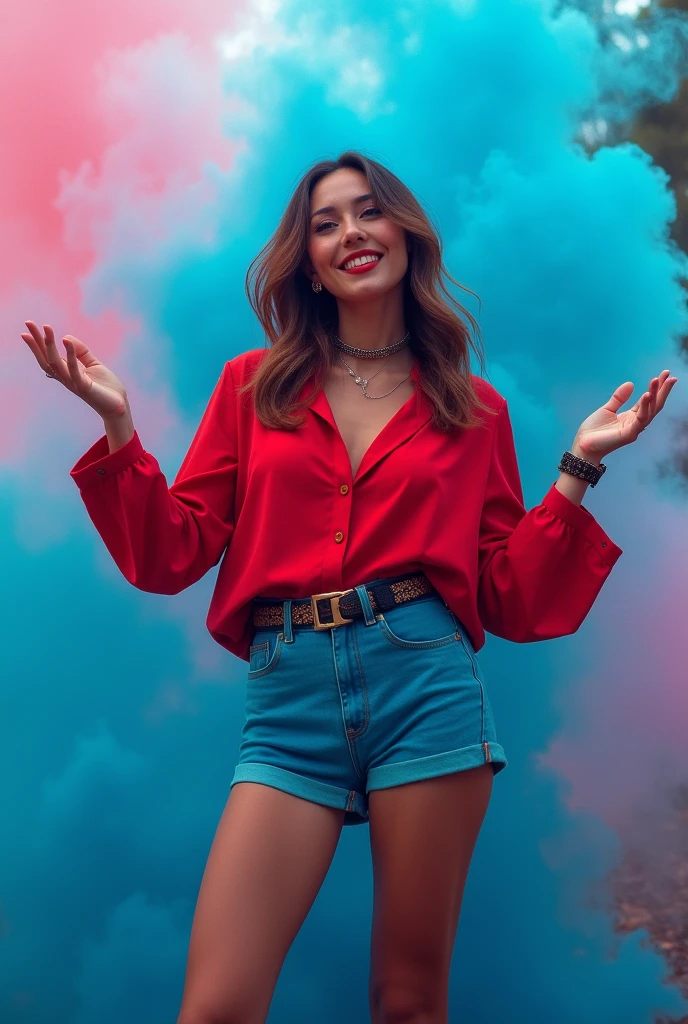A red blouse, short azul, glad, with open hands, and a blue and pink smoke background