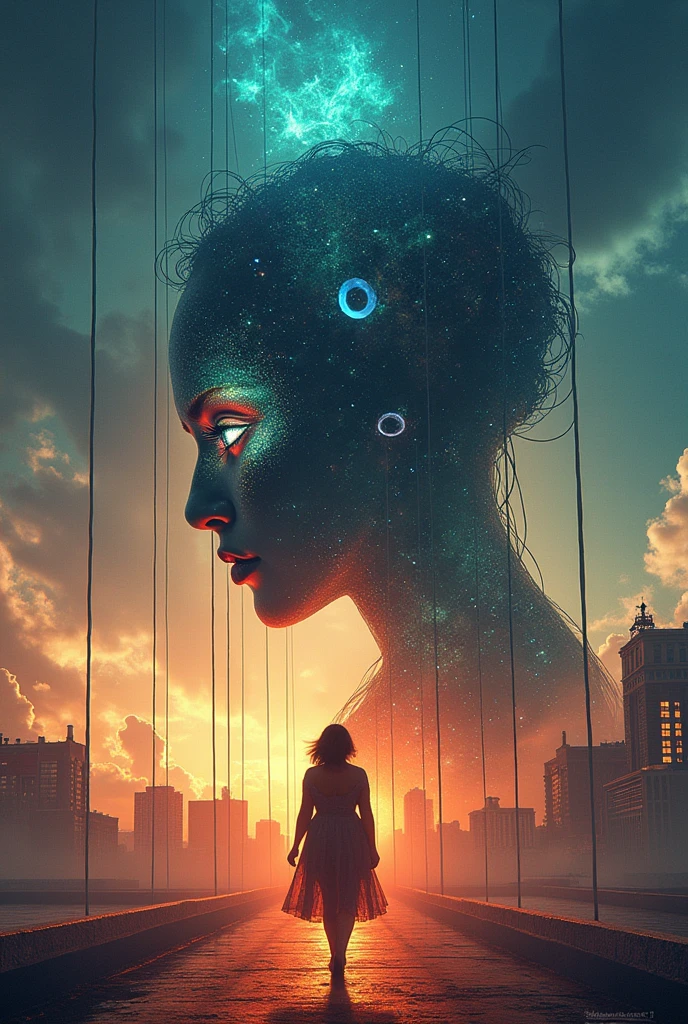 A mesmerizing double exposure digital masterpiece featuring the mystical silhouette of a puppeteer, illuminated by a luminous, ethereal and mystical aura. Against the backdrop of Las Vegas, the puppeteer embodies the essence of spectacle and the magic of the show. His luminescent eyes, radiant with deep contemplation, are surrounded by a delicate fusion of intricate details and conceptual elements. At her feet, in a fantastic font, a large number "900", drawn with the strings of the puppeteer, while a woman walks through the Las Vegas landscape. The bright and vibrant color palette of this work of art captivates the viewer, transporting them to the depths of the spectacle. This stunning creation masterfully combines elements of 3D rendering and illustration to create an immersive and captivating experience. The harmonious combination of the work's cinema, poster, architecture, painting, conceptual art.