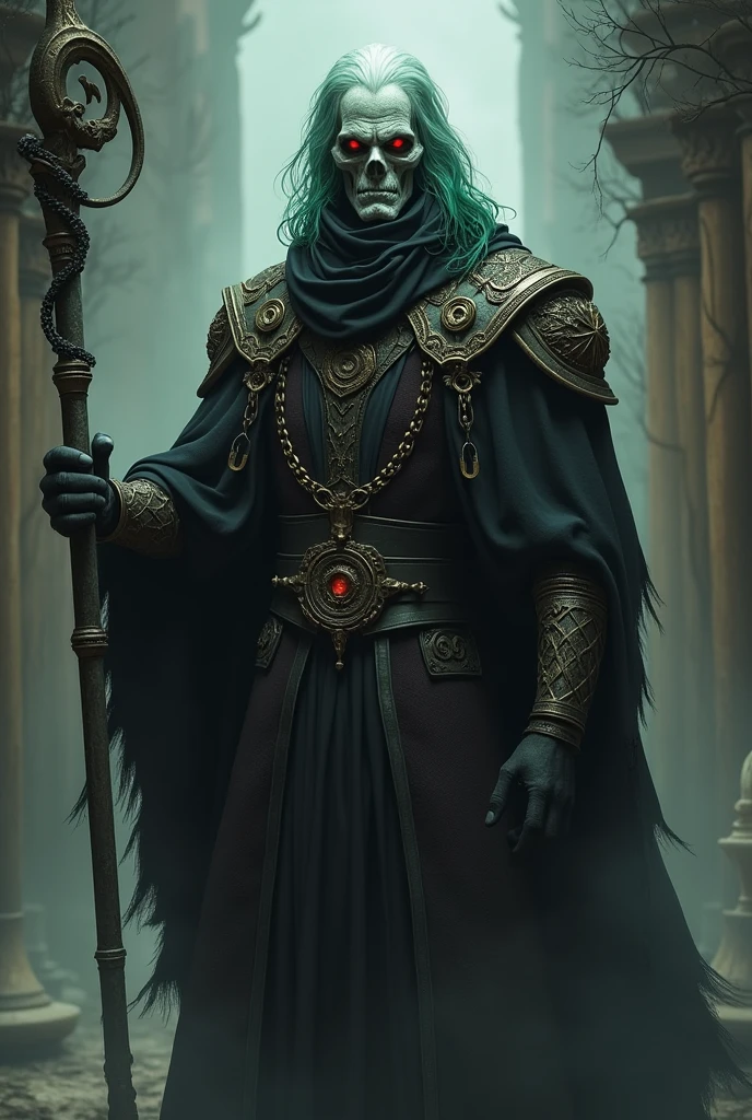 Create a vivid and captivating visual representation of Dr. Ruin, a formidable lich with a haunting presence. Emphasize his tall stature, corpse-like gray and white skin, broad shoulders, and the piercing glow of his red eyes. Showcase his distinct green hair that adds an otherworldly element to his appearance. His ghastly mouth is covered by a black scarf, scarf covers his mouth. ensure his nose and mouth are covered by a black scarf.
Ensure that Dr. Ruin is adorned in predominantly black, arcane-themed clothing, with intricate symbols and designs. Capture the mystique of his character by incorporating a black scarf covering the lower part of his face, adding an air of mystery.
Include his essential accessories: a prominent arcane staff that serves as both a symbol of authority and a conduit for dark magic. Integrate various arcane accouterments such as talismans or enchanted items that highlight his mastery of the occult.
Convey the overall atmosphere of Dr. Ruin's character—sinister, commanding, and enigmatic. Pay attention to details that evoke the essence of his supernatural powers and moral complexities.