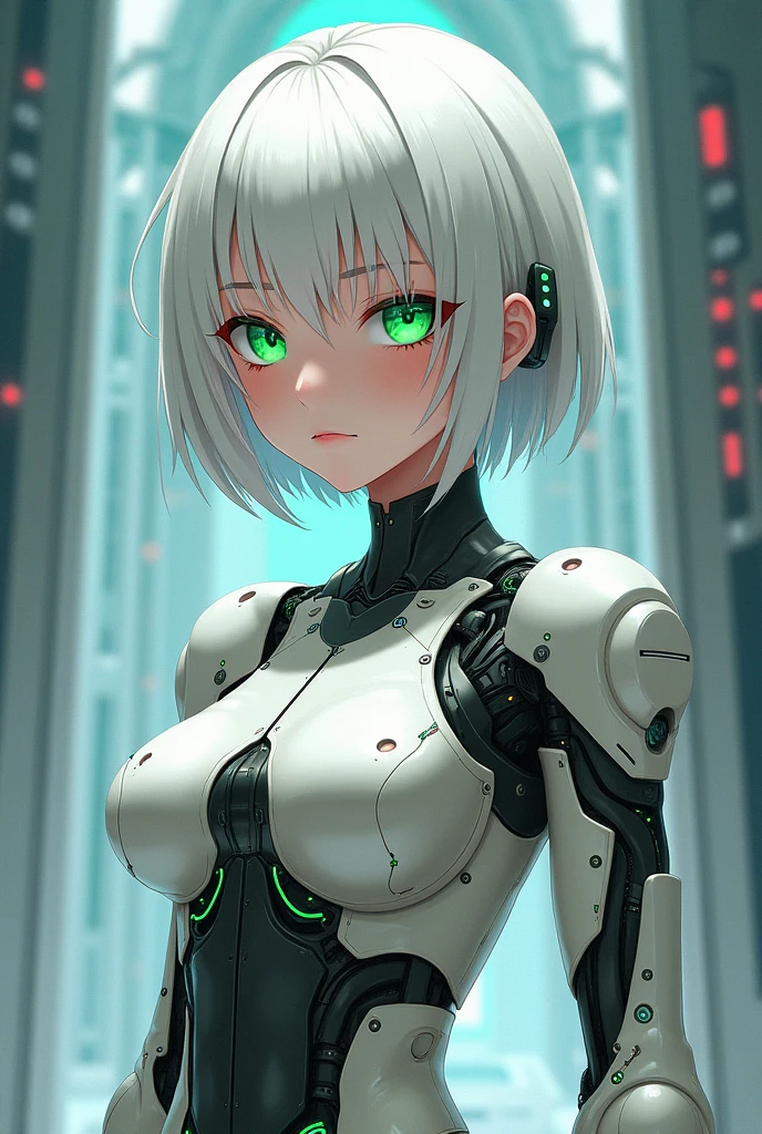 Anime style short White hair, green eyes, cybernetic girl, age