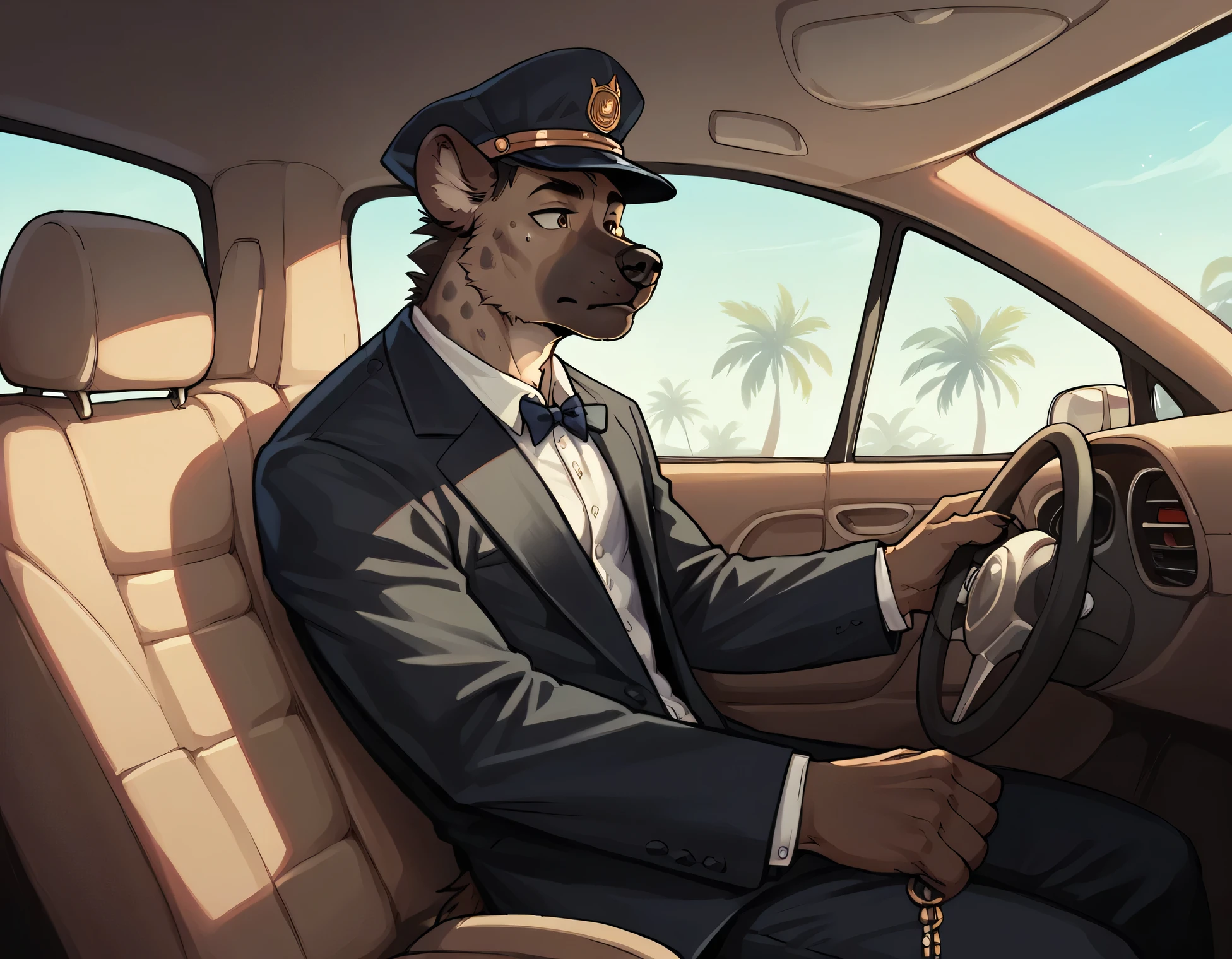 (1 boy, solo, (boy is driving a car)), (boy is a Hyena, detailed, dressing a black suit and an officer cap)1:.2, (background car interior, palms, tropical weather)