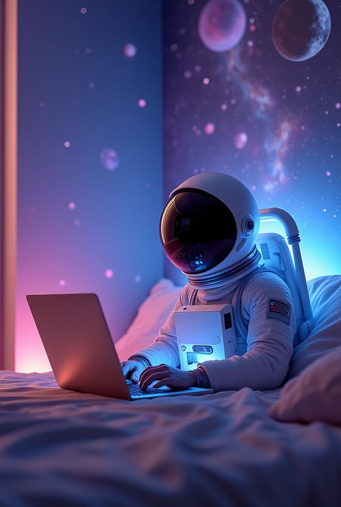 full zoom clean sitting pose of a little human astronaut avatar of freelancer working casually on MacBook sitting in room with purple background in galaxy