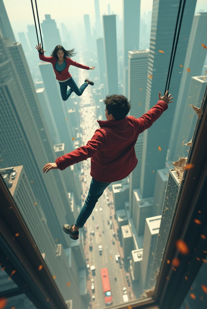 A boy and a girl are falling after breaking the glass of a building. Like the ground and they are activating their transportation. They are falling from the ground very fast and there are goons also and sometimes the city and sometimes the big building is visible from the top boy age is 20 girl age is 19