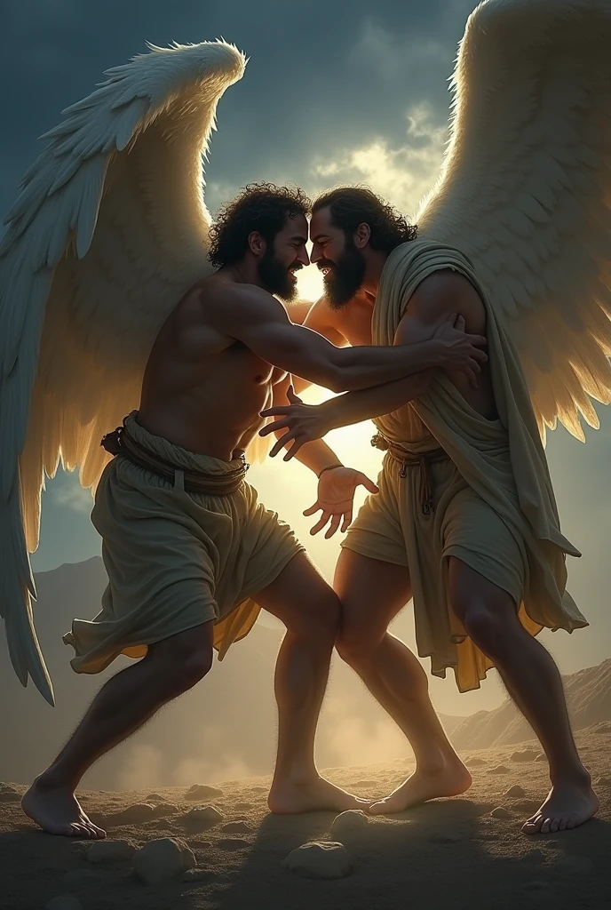 imageio: "Jacob Lutando com o angel"

Crie uma cena dramática e intensa de Jacob lutando com um anjo em uma batalha física e espiritual. The image should capture the pivotal moment of the struggle during the night, with the dark sky and only the soft light of dawn beginning to appear in the background.

detaileds:

    Personagens:
        Jacob: A strong and determined man, clad in simple, worn clothes, showing signs of exertion and pain. His expression should reflect a blend of determination and agony.
        angel: A towering celestial being, with majestic wings and a soft aura of light emanating from him. The angel should have a posture of strength, but also an expression of compassion and wisdom.

    Action:
        Jacob e o anjo estão em uma luta física, with tense muscles and the fighting stance suggesting a fierce clash.
        O anjo deve estar tocando a coxa de Jacob, moving it, with a visible light at the point of contact, symbolizing transformation and pain.

    enviroment:
        The setting should be a deserted area or a mountainous landscape, escura e sombria, with a touch of luminosity on the horizon, Suggesting the arrival of dawn.
        Add elements of dust or fog to intensify the feeling of struggle and tension.

    styled:
        Opt for a realistic style with dramatic details, like contrasting lighting and strong emotional expressions, to highlight the internal and external conflict of the scene.