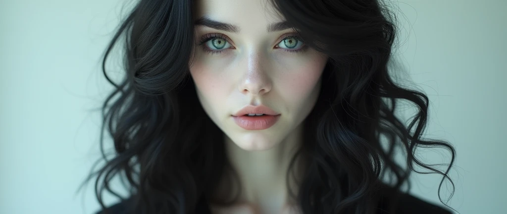 Generate an image of a woman with long, black curly hair, and super white skin