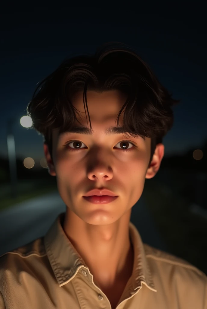 Hyper realistic photo The boy in the image has soft features with fair skin and a neutral expression. His dark brown hair is thick, slightly tousled, and medium-length, falling naturally over his forehead and ears. He has a calm, composed look, with dark eyebrows that match his hair color and deep, expressive eyes. He wears a light, beige-colored shirt. Taking a selfie at night. He will go to sleep soon