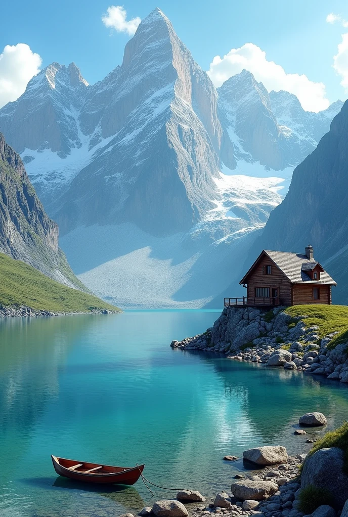 The image is a beautiful landscape of a lake with a wooden boat on the shore. The lake is surrounded by rocks and boulders, and the water is a vibrant turquoise color. In the background, there are tall mountains with snow-capped peaks and a clear blue sky. On the right side of the image, there is a small cabin with a sloping roof and a chimney. The overall scene is peaceful and serene, with a sense of serenity and tranquility.4k realistic