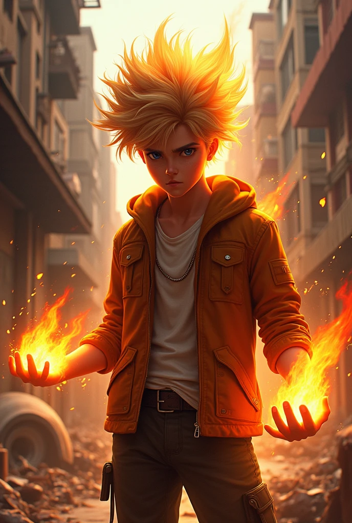 reckless and immature rebel, controls fire with his hands, his hair looks like fire spreading upwards