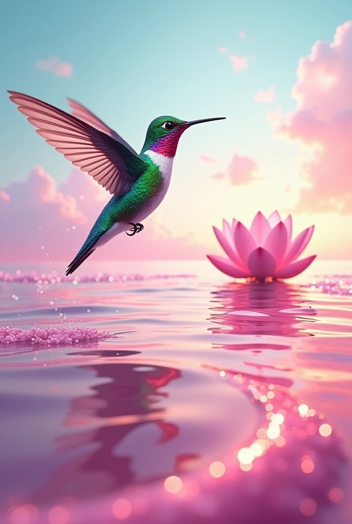 Hummingbird with pink ocean waves and a lotus flower emerging from the sea 