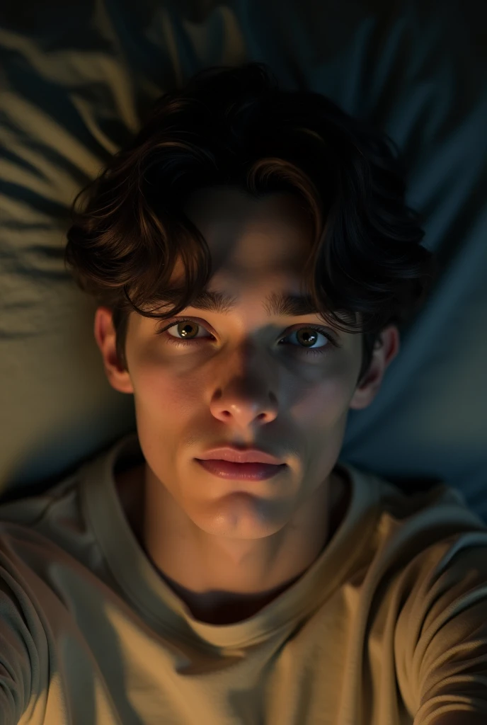 Hyper realistic photo The boy in the image has soft features with fair skin and a neutral expression. His dark brown hair is thick, slightly tousled, and medium-length, falling naturally over his forehead and ears. He has a calm, composed look, with dark eyebrows that match his hair color and deep, expressive eyes. He wears a light, beige-colored shirt. Taking a selfie at night. He will go to sleep soon